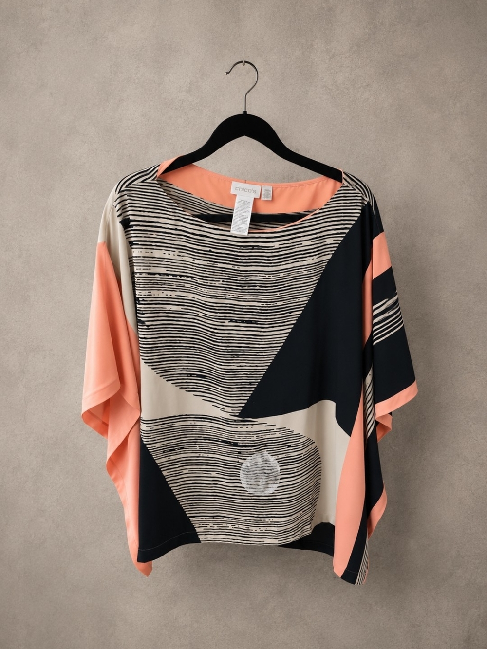 Chico’s Abstract Black & Coral Wavy Stripe Draped Tunic Top